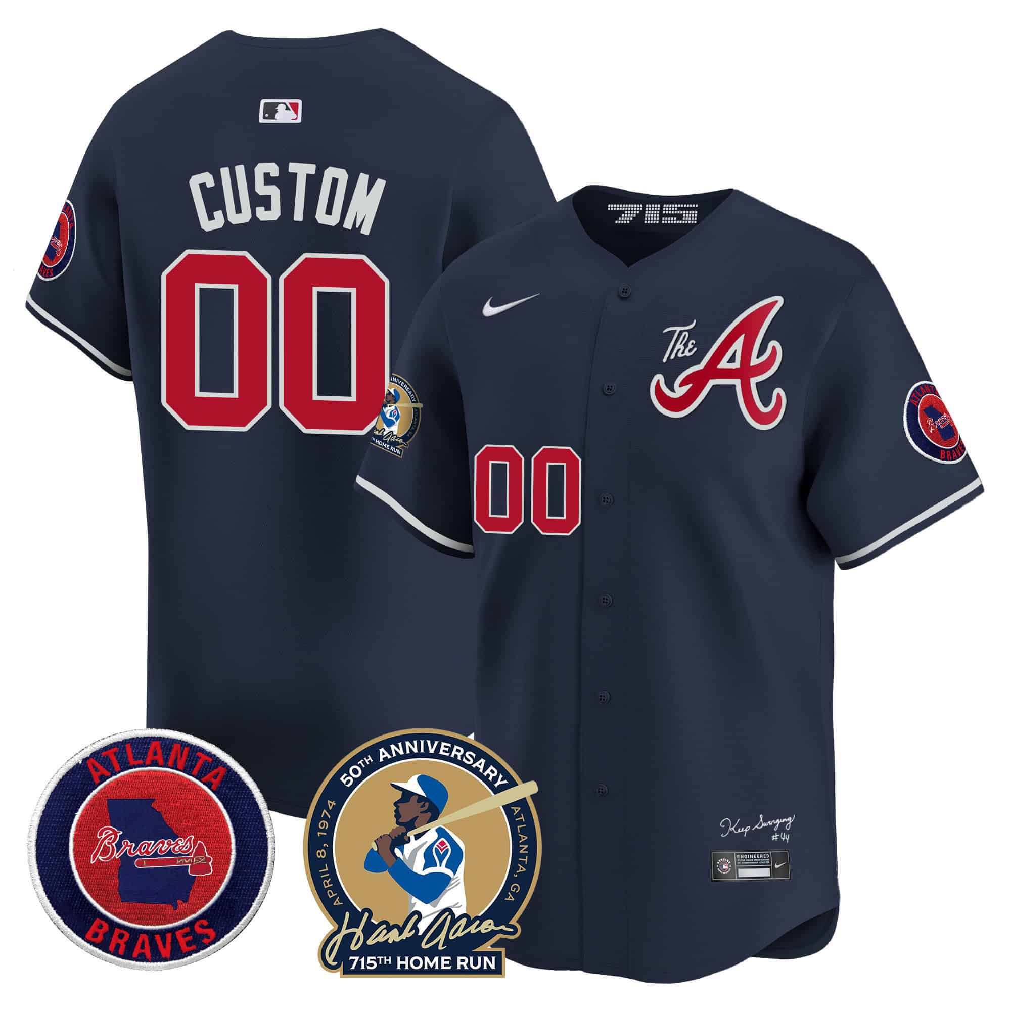 Men Atlanta Braves Blue 2024 Nike Hank Aaron 715th Home Run Patch Vapor Premier Limited Custom MLB Jersey->customized mlb jersey->Custom Jersey